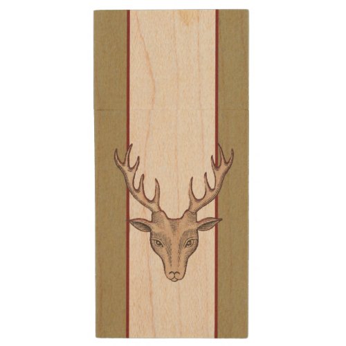 Vintage Surreal Deer Head Antlers Wood USB Flash Drive