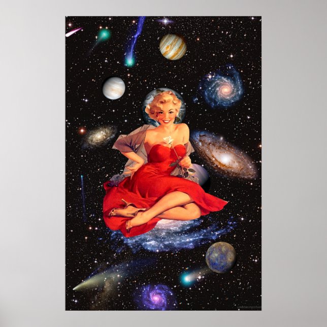 Vintage surreal galaxy beautiful woman collage art poster (Front)
