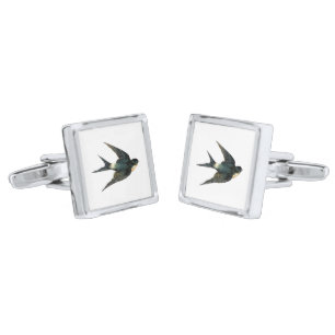 Vintage Swallow Bird Illustration Silver Cufflinks