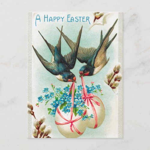 Vintage Swallows Couple and Floral Easter Eggs Postcard