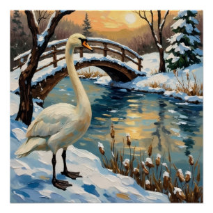 Vintage Swan by Snowy Bridge Christmas Painting Poster