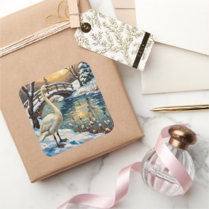 Vintage Swan by Snowy Bridge Christmas Painting Square Sticker