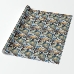 Vintage Swan by Snowy Bridge Christmas Painting Wrapping Paper