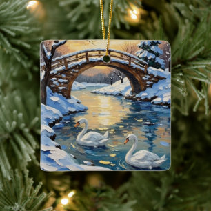 Vintage Swan Family Under Snowy Bridge Painting Ceramic Ornament