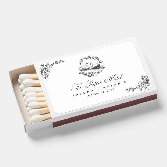 Vintage Swan The Perfect Match Wedding Matchboxes (Front Open)