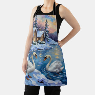 Vintage Swans on a Winter Lake Christmas Painting Apron