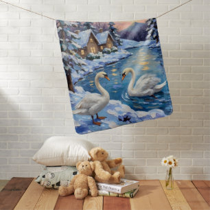 Vintage Swans on a Winter Lake Christmas Painting Baby Blanket