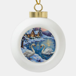 Vintage Swans on a Winter Lake Christmas Painting Ceramic Ball Christmas Ornament