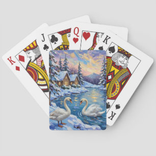 Vintage Swans on a Winter Lake Christmas Painting Poker Cards