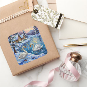 Vintage Swans on a Winter Lake Christmas Painting Square Sticker
