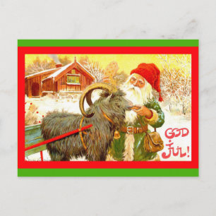 Vintage Swedish Gnome or Santa with Goat "God Jul" Holiday Postcard