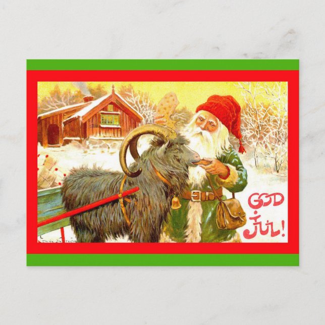 Vintage Swedish Gnome or Santa with Goat "God Jul" Holiday Postcard (Front)