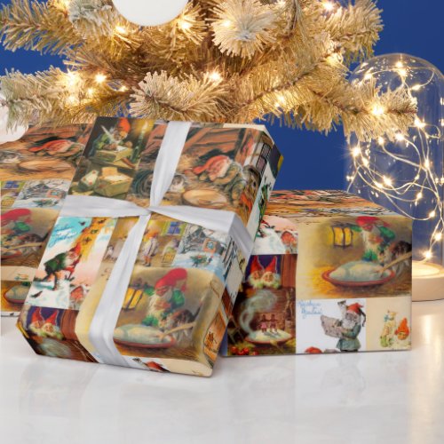 Vintage Swedish Jultomte Gnome Collage Wrapping Paper