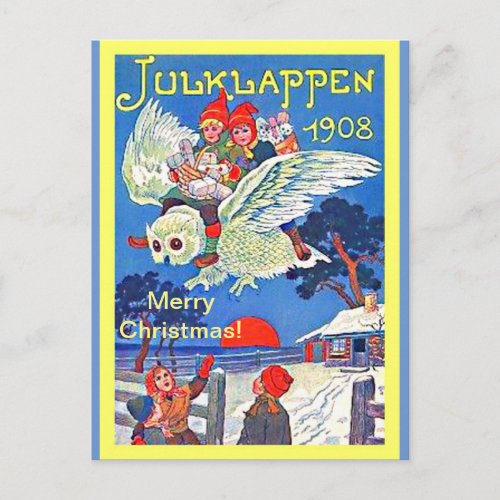 Vintage Swedish Owl  Kids Julklappen Christmas Postcard