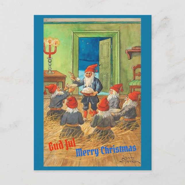 Vintage Swedish Tomten / Tomte & Christmas Pudding Postcard (Front)
