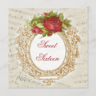 Vintage Sweet 16 Red Rose Frame Music Sheet Invitation