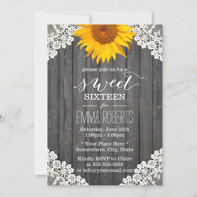 Vintage Sweet 16 Rustic Sunflower Laced Barn Wood Invitation (Front)