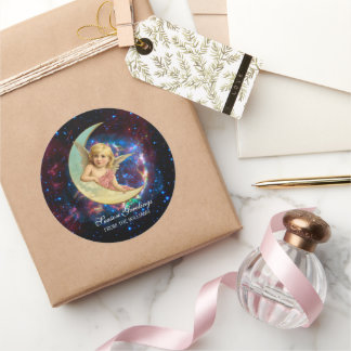 Vintage Sweet Angel on the Moon Christmas Classic Round Sticker