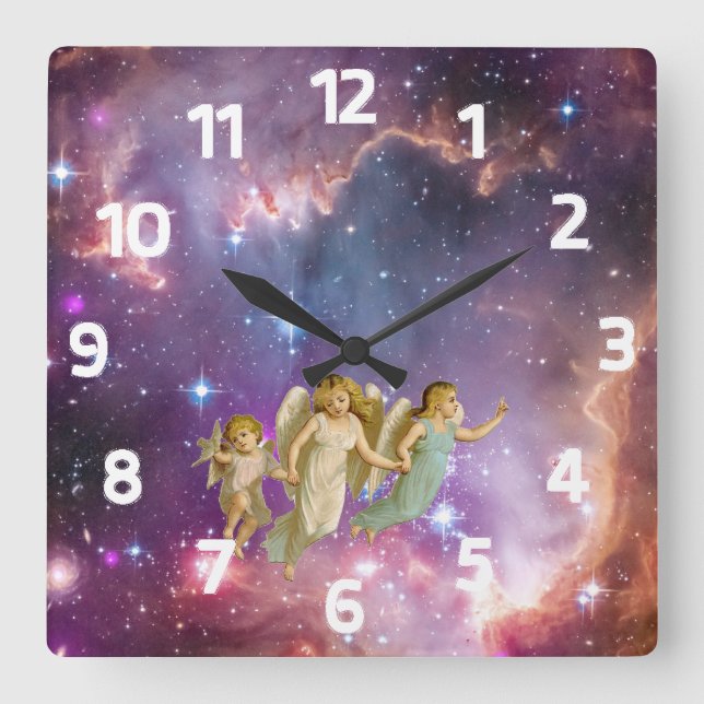 Vintage Sweet Angels Flying Square Wall Clock (Front)