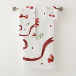 Vintage Sweet Cherry and Red Bow Bath Towel Set
