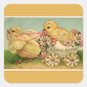 Vintage Sweet Fluffy Chicks Gold Easter Square Sticker
