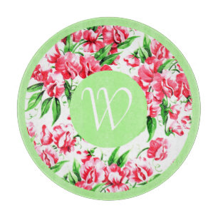 Vintage Sweet Pea Floral with Border and Monogram Cutting Board