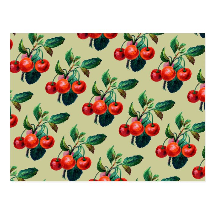 Vintage Sweet Red Cherries Fruit Wallpaper Pattern Postcard