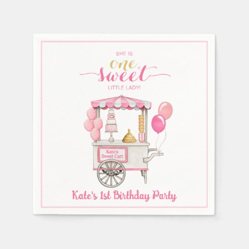 Vintage sweet treat cart 1st birthday party guest napkins