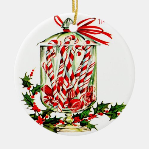 Vintage Sweet Treats _ Jar of Candy Canes Ceramic Ornament