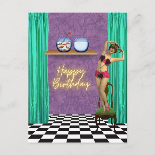 Vintage Swimmer Funky Altered Art Birthday Postcard