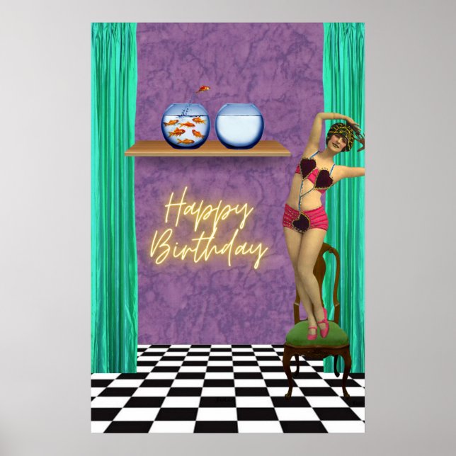 Vintage Swimmer Funky Altered Art Birthday  Poster (Front)
