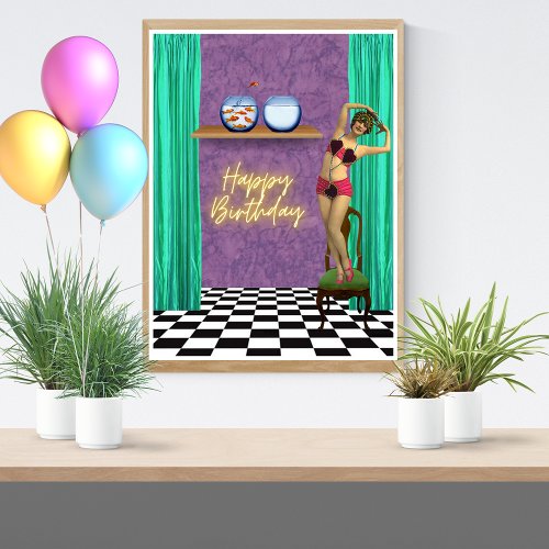 Vintage Swimmer Funky Altered Art Birthday  Poster