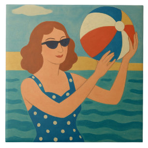 Vintage Swimmer with Beach Ball Ceramic Tile