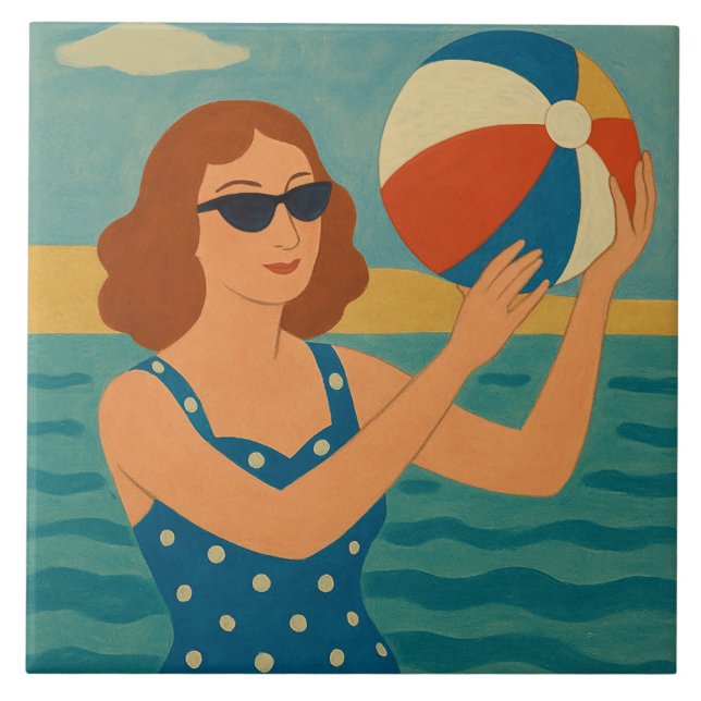 Vintage Swimmer with Beach Ball Ceramic Tile (Front)