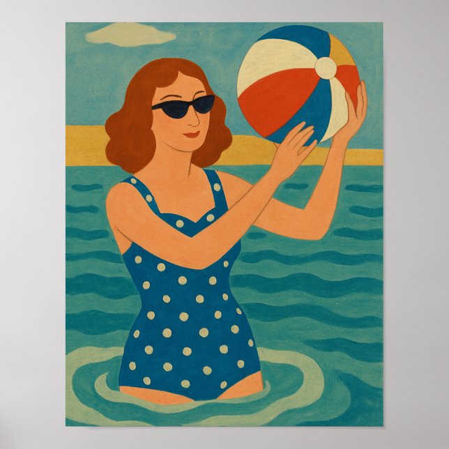 Vintage Swimmer with Beach Ball Poster (Front)
