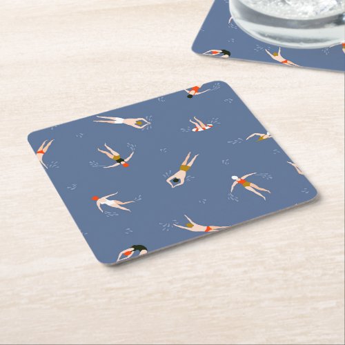 Vintage Swimmers Pattern Square Paper Coaster