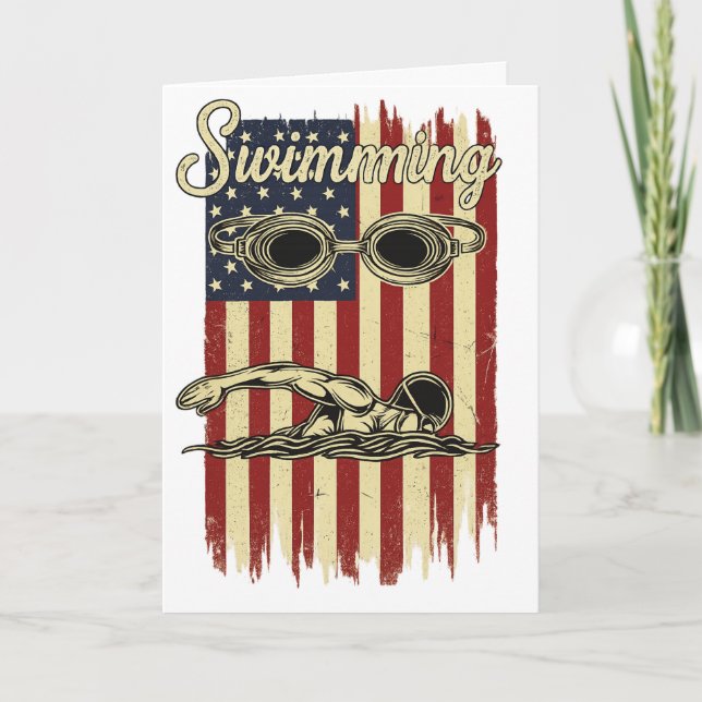Vintage Swimming American Flag  Retro Swimmer Card (Front)