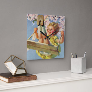 Vintage Swing, Girl Swinging in a Tree Childs Play Square Wall Clock