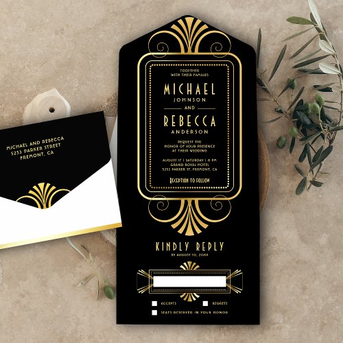 Vintage Swirl Black and Gold Art Deco Wedding All In One Invitation