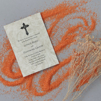 Vintage Swirl Catholic Cross Wedding Invitation by RiverJude at Zazzle