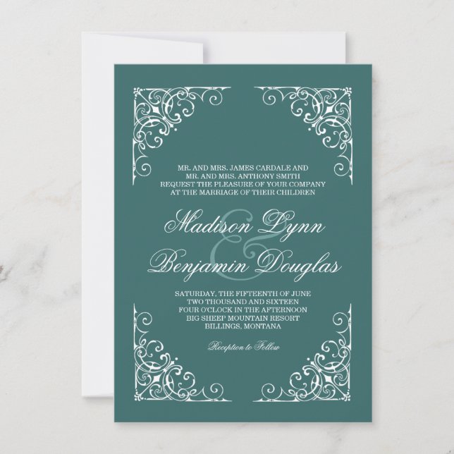 Vintage Swirl Frame Aqua Wedding Invitations (Front)