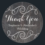 Vintage Swirl Thank You Custom Wedding Classic Round Sticker<br><div class="desc">Thank you in white curling swirly font with decorative rolling swirls on a dark gray black chalkboard background with vintage grunge effect. A nice touch for wedding favors or envelope seals. Customize all the text for your wedding or special event.</div>