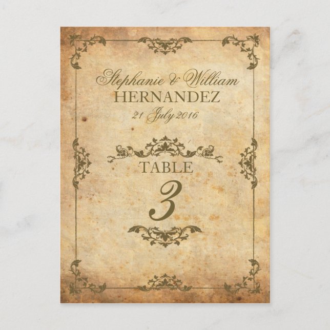 Vintage Swirl Wedding Reception Table Number (Front)