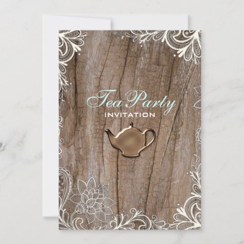 vintage swirls barn wood  lace country tea party invitation