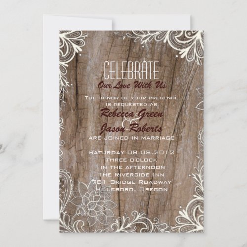 vintage swirls barn wood  lace country wedding invitation