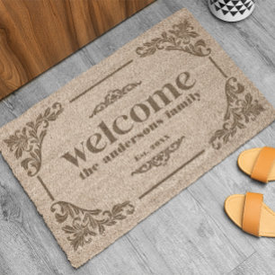 Vintage Swirls Frame Welcome Retro Typography Fiber Doormat