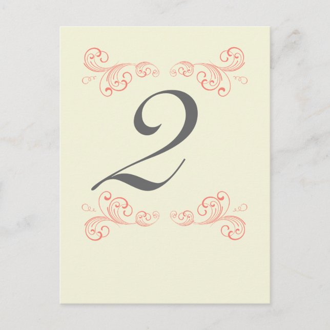 Vintage Swirls, Orange, Gray Wedding Table Number (Front)