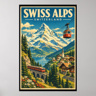 Vintage Swiss Alps Travel Art Switzerland Mountain Poster