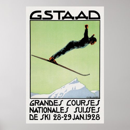 Vintage Swiss Art Deco Snow Ski Sport Competition Poster