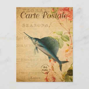 Vintage Swordfish Type Fish Floral French Postcard